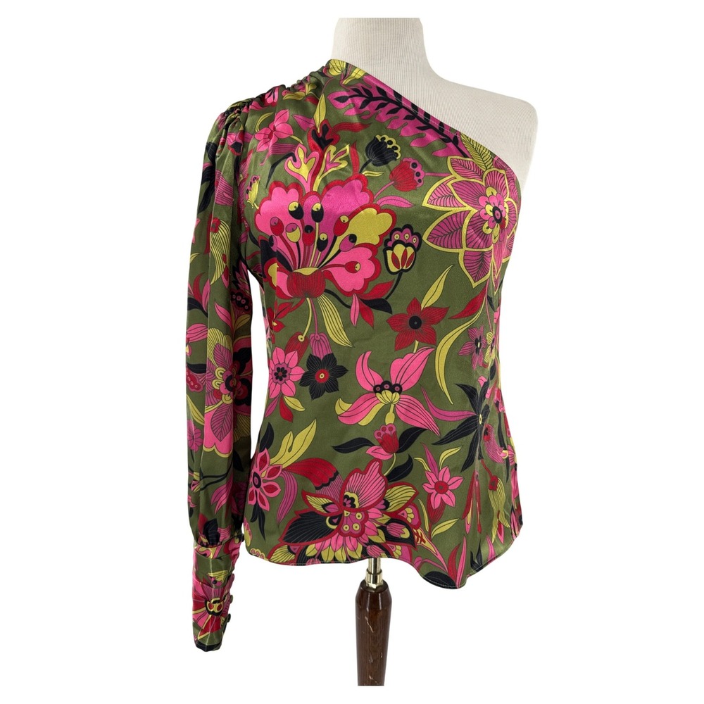 Flora Bea NYC One Shoulder Floral Sheyla Top Riverhill Green Pink Yellow‎ Size S